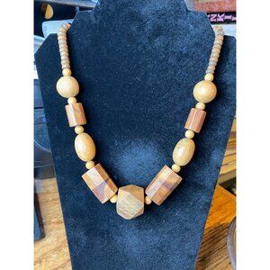 21" Chunky Wooden Bead Necklace With Geometric Shapes and Barrel Clasp